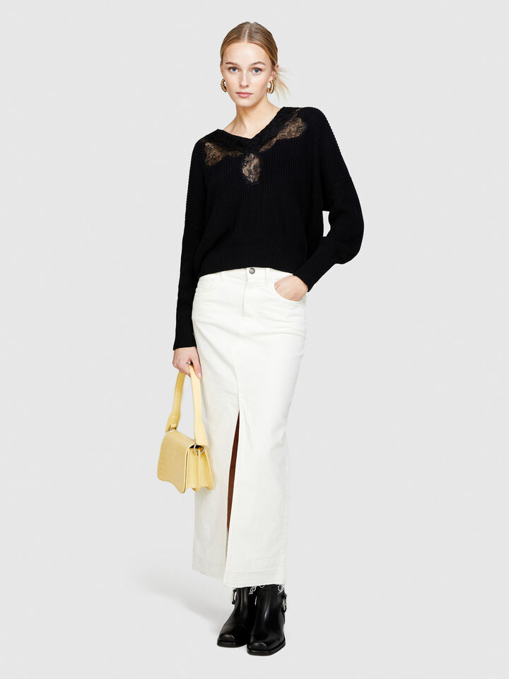 Sweater with lace - women's v-neck sweaters - Black | Sisley image number 1